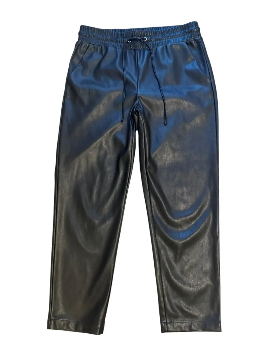 LOFT‎ Faux Leather Pull On Ankle Pants Black Pockets Size S Cropped Drawstring
